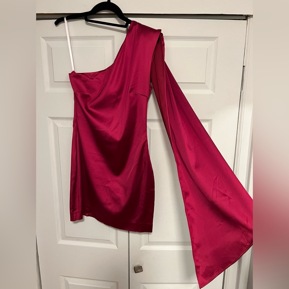 Satin magenta cocktail dress.